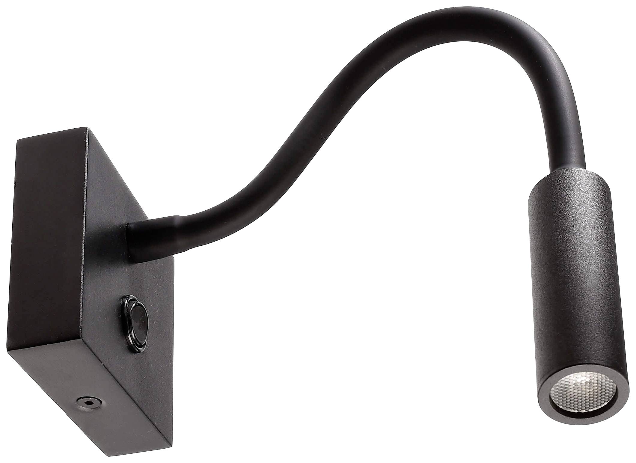 Eine schwarze, flexible Leselampe mit Wandhalterung, geeignet zum direkten Beleuchten von Büchern oder Arbeitsbereichen.