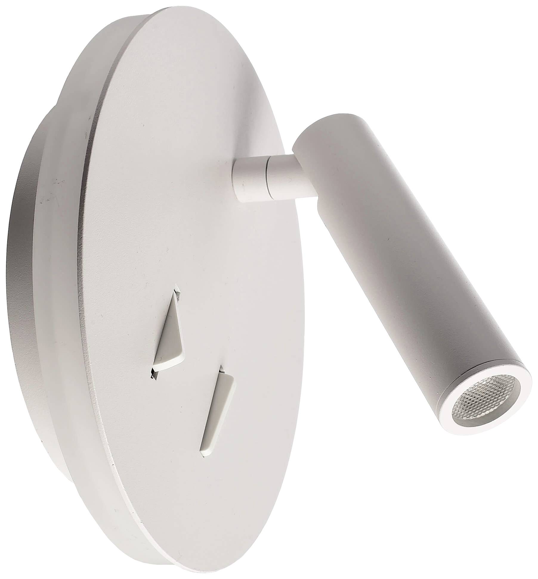 Weißes, modernes Wandleuchten-Design mit rundem Sockel und zylindrischem Lampenarm, zeigt minimalistischen Stil.