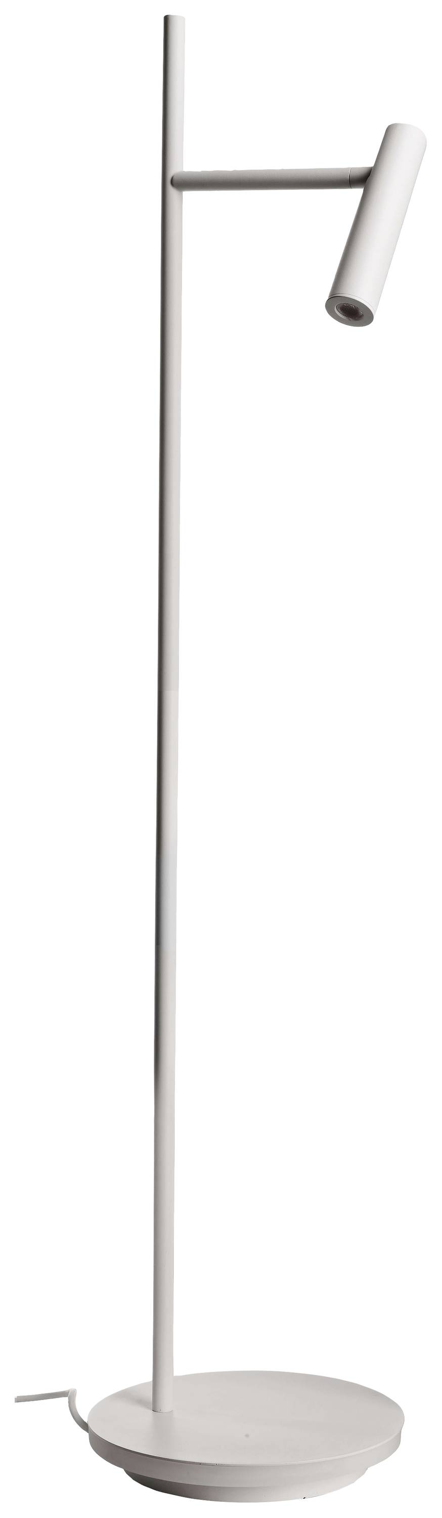 Eine minimalistische weiße Stehlampe mit rundem Fuß und schlankem Stab. Ein zylinderförmiger Lampenkopf an einem verstellbaren Arm.