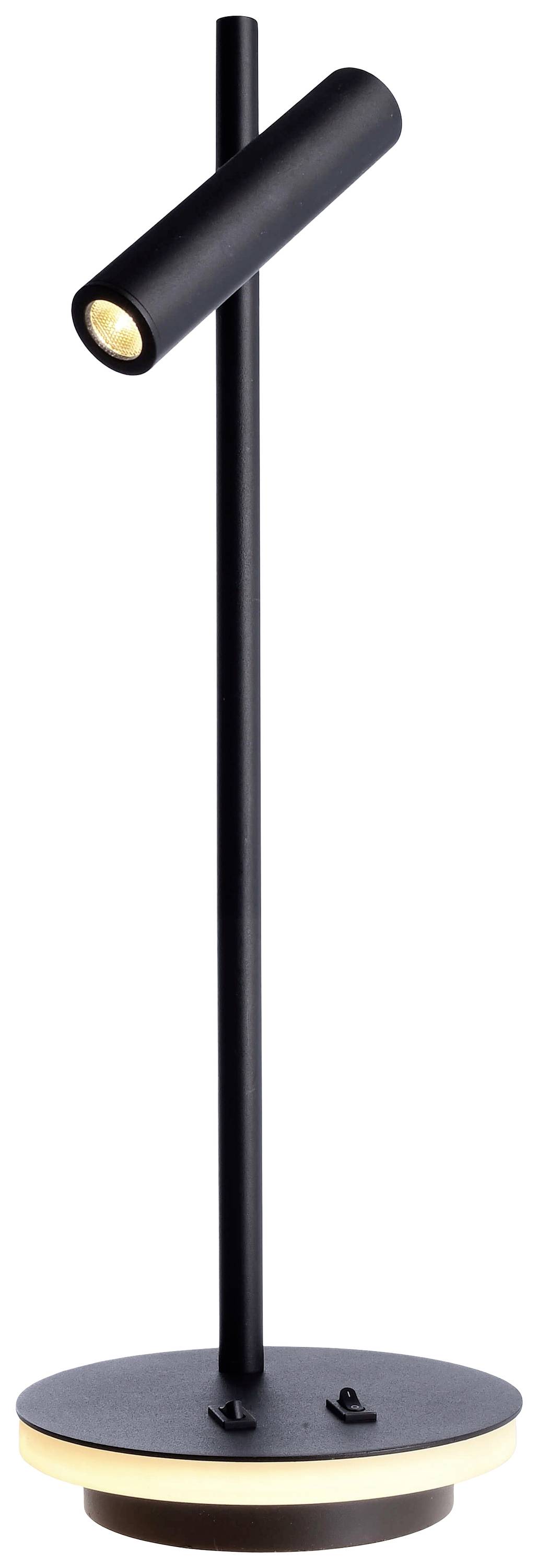 Schwarze, moderne Tischleuchte mit zylindrischem Strahler auf vertikaler Stange und rundem Sockel, minimalistisch und stilvoll.