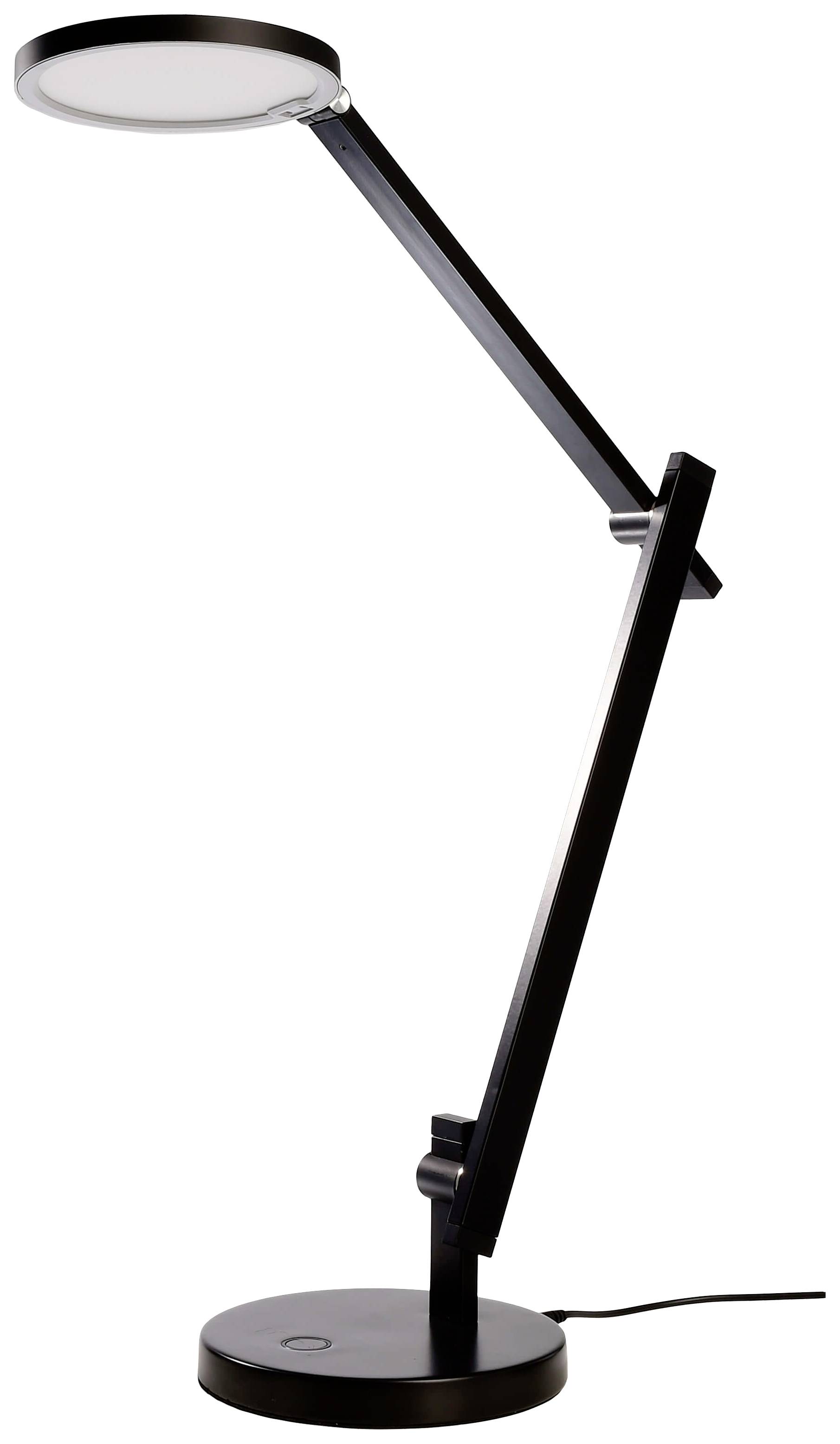 Moderne schwarze Schreibtischlampe mit verstellbarem Arm und rundem Lampenkopf auf rundem Sockel.