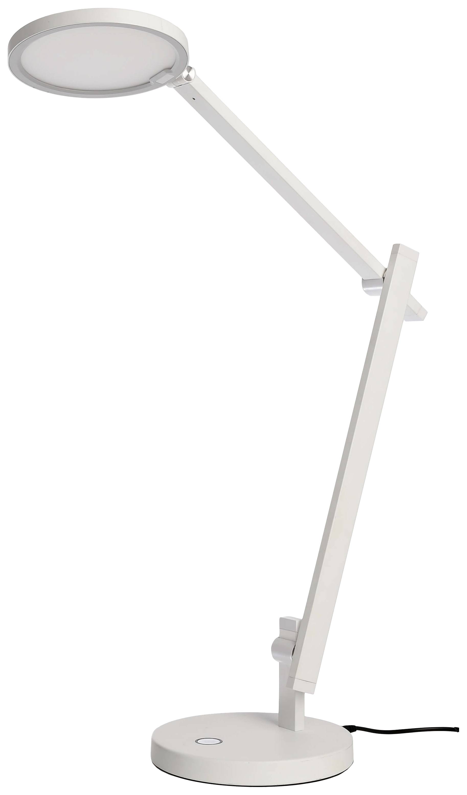 Eine moderne, weiße Schreibtischlampe mit kreisförmigem Leuchtkopf und schlankem, verstellbarem Arm, stehend auf einem runden Sockel.