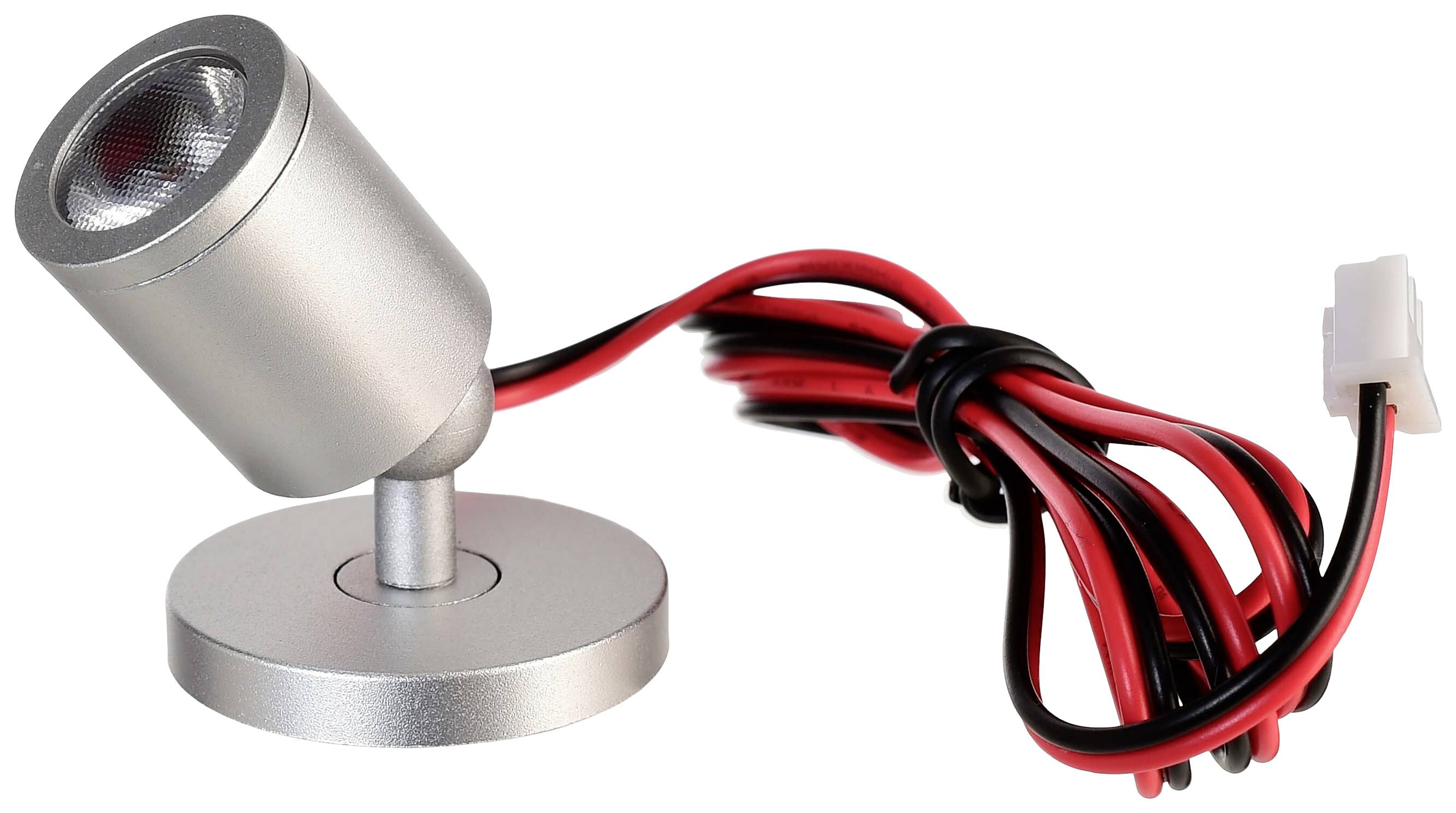 Kleine LED-Leuchte auf rundem Sockel mit einstellbarem Kopf. Angeschlossen an rote und schwarze Kabel mit einem weißen Stecker.