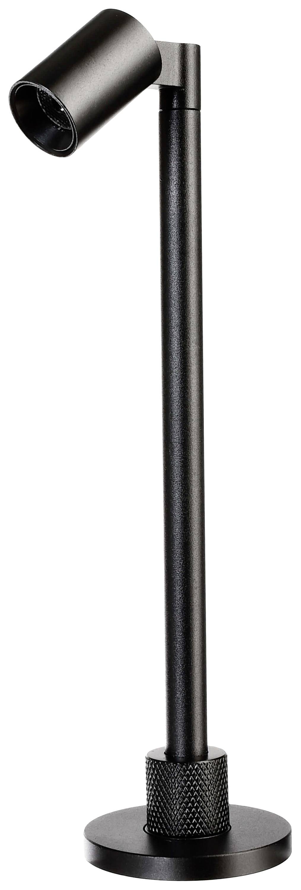 Schwarze, schlanke Tischlampe mit verstellbarem Kopf, geeignet für gerichtete Beleuchtung auf Schreibtischen oder Arbeitsflächen.