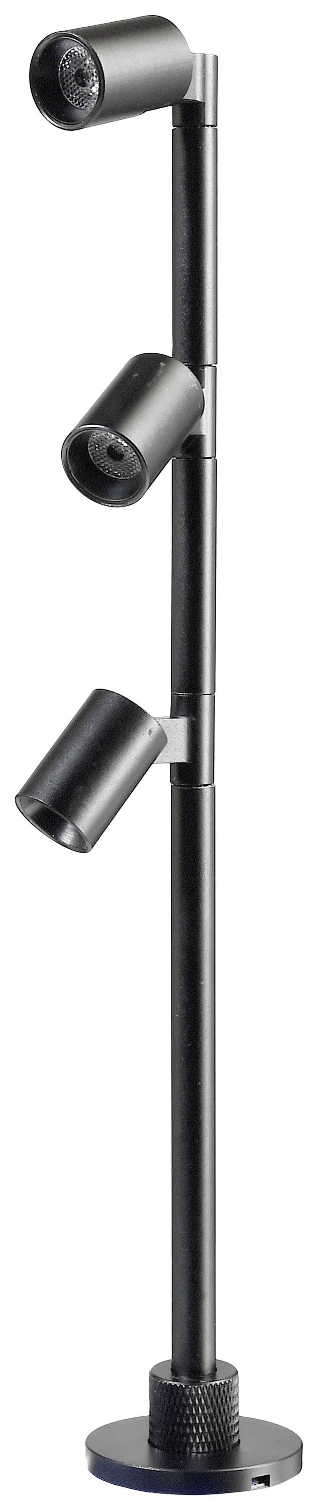 Schwarze Stehlampe mit drei verstellbaren, zylindrischen Leuchten an einem schlanken Stab, stehend auf einem runden Sockel.