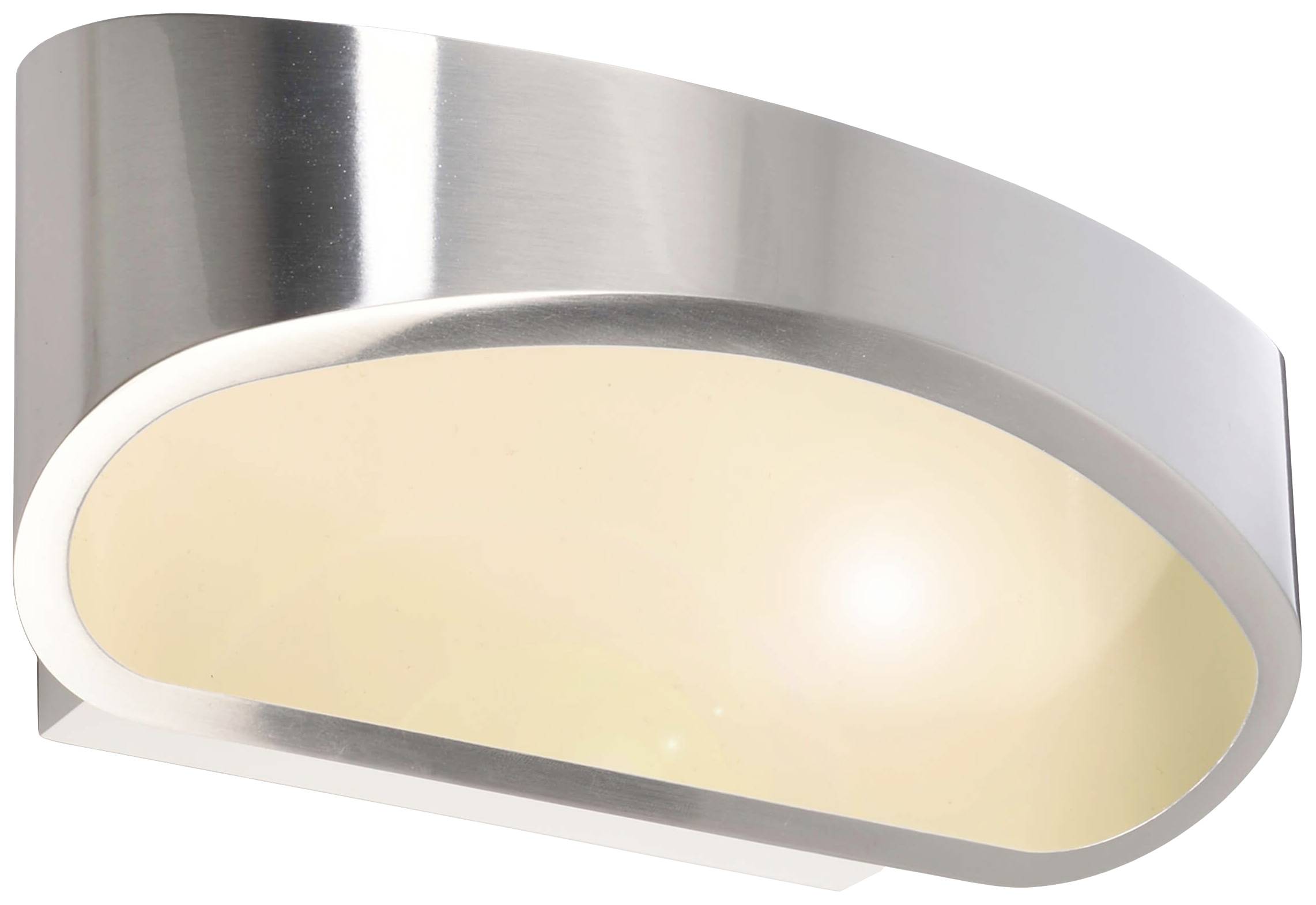 Moderne Wandleuchte aus gebürstetem Metall mit geschwungener Form und sanfter Lichtabstrahlung, ideal für stilvolle Beleuchtung.