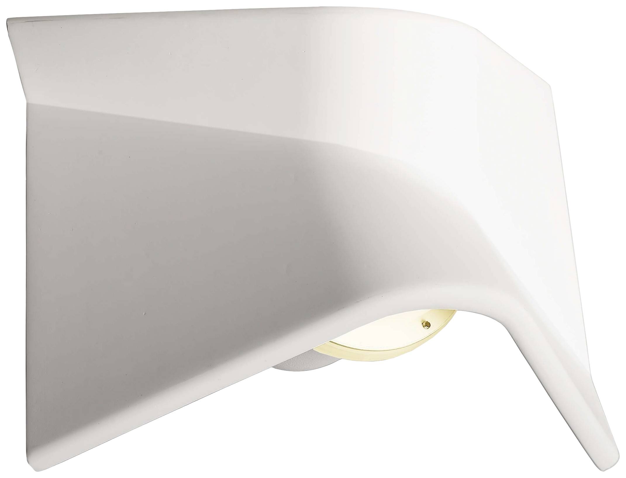 Weiße, moderne Wandleuchte mit schrägem, glattem Design, die indirektes Licht ausstrahlt. Geeignet für zeitgenössische Innenräume.