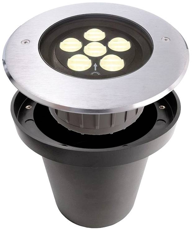 LED-Bodeneinbaustrahler mit rundem Edelstahlgehäuse und sechs Leuchtmitteln. Ideal für Außenbeleuchtung und Akzentuierung.