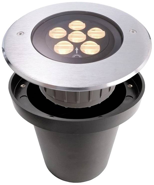 Bodeneinbauleuchte aus Metall mit sechs sichtbaren LED-Lampen, ideal für Außenbeleuchtung in Gärten oder Einfahrten.