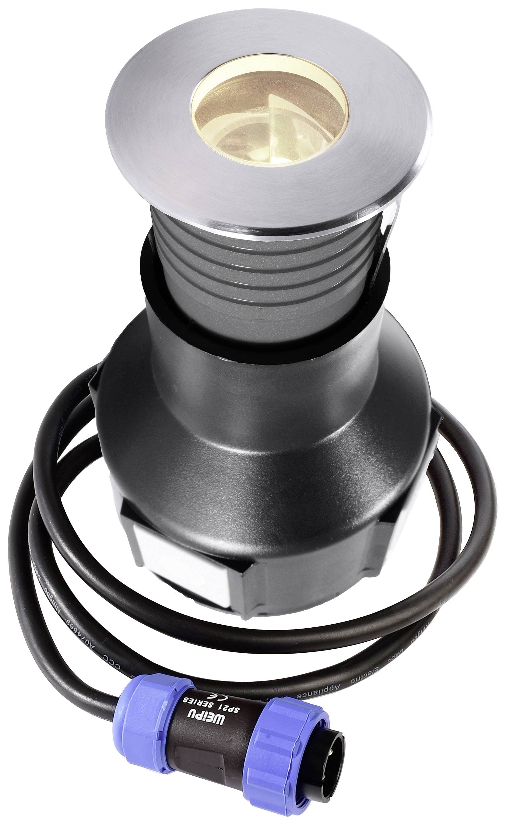 Untergrund-LED-Leuchte in zylindrischer Form, mit dickem Kabel und blauer Kupplung, geeignet für den Außenbereich und Gartenbeleuchtung.