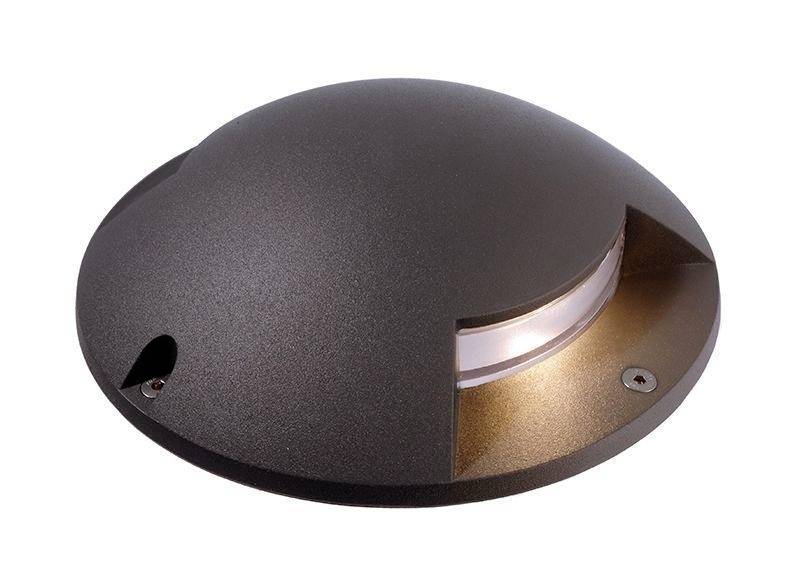 Ein flaches, rundes LED-Bodeneinbauleuchte in dunklem Gehäuse mit zwei Lichtöffnungen, zur Beleuchtung von Wegen oder Gärten.