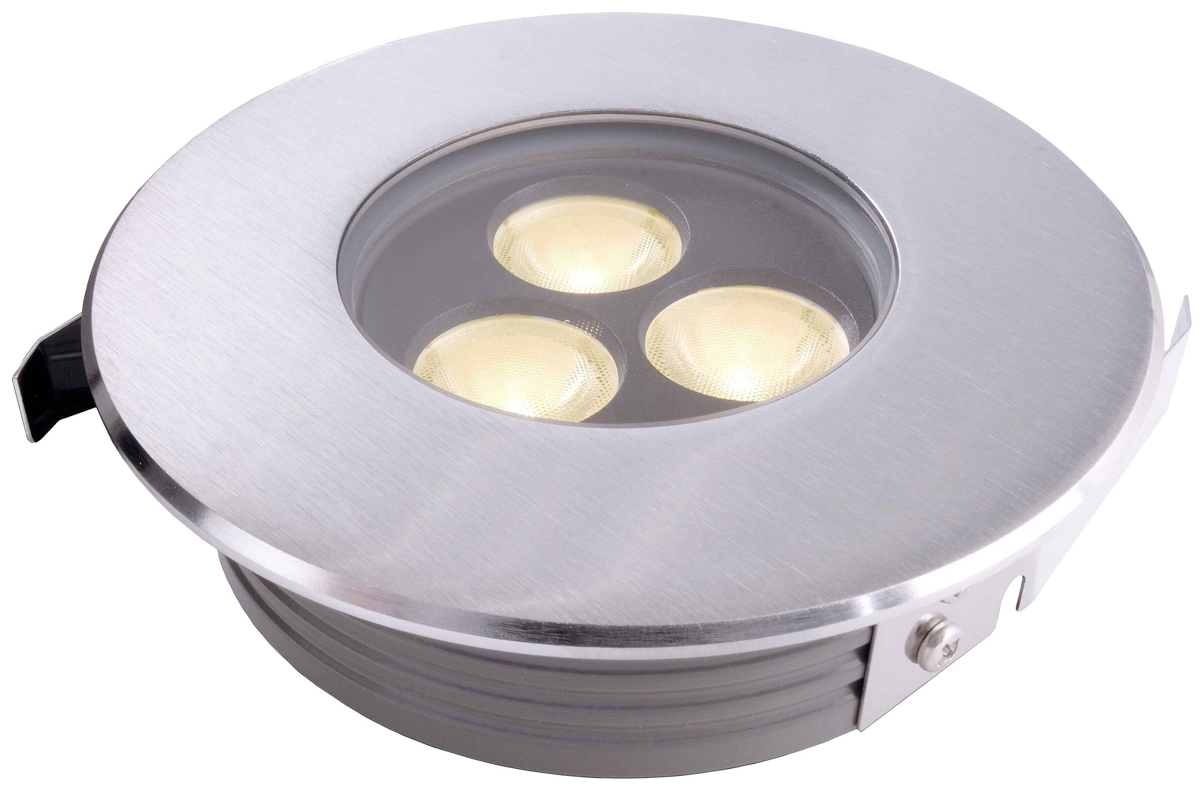 Runder LED-Einbaustrahler aus Metall mit drei leuchtenden LED-Lampen, geeignet für Deckeninstallationen in Innenräumen.