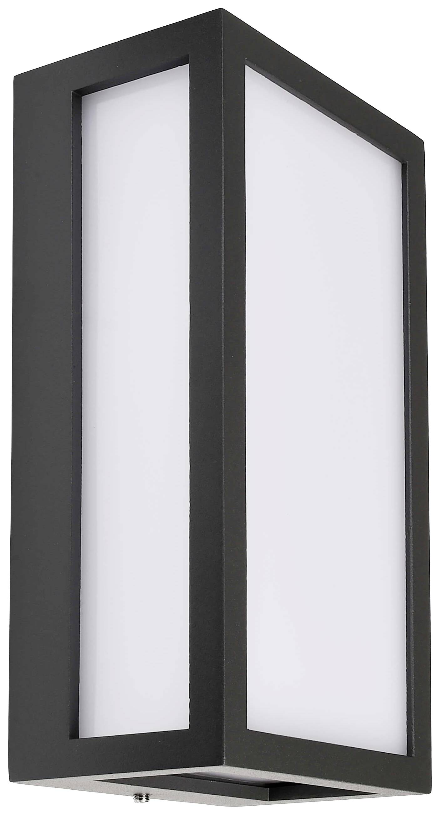 Schwarze, rechteckige Wandleuchte mit weißem Lampenschirm, geeignet für moderne Innenräume.