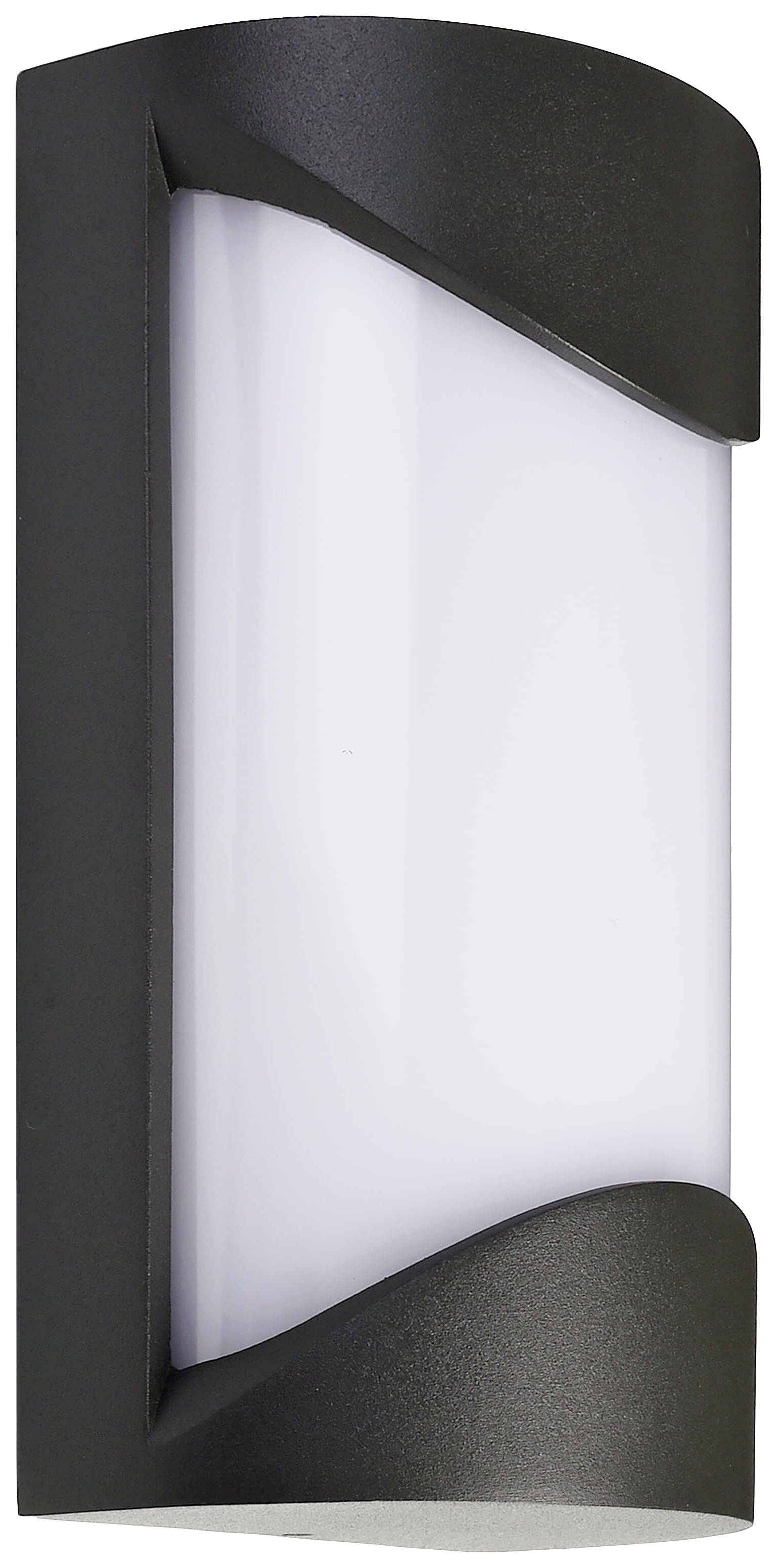 Schwarze Wandleuchte mit weißem, vertikalem Lichtpaneel, geeignet für Außenbereich. Modernes Design, reduziert auf wesentliche Linien.