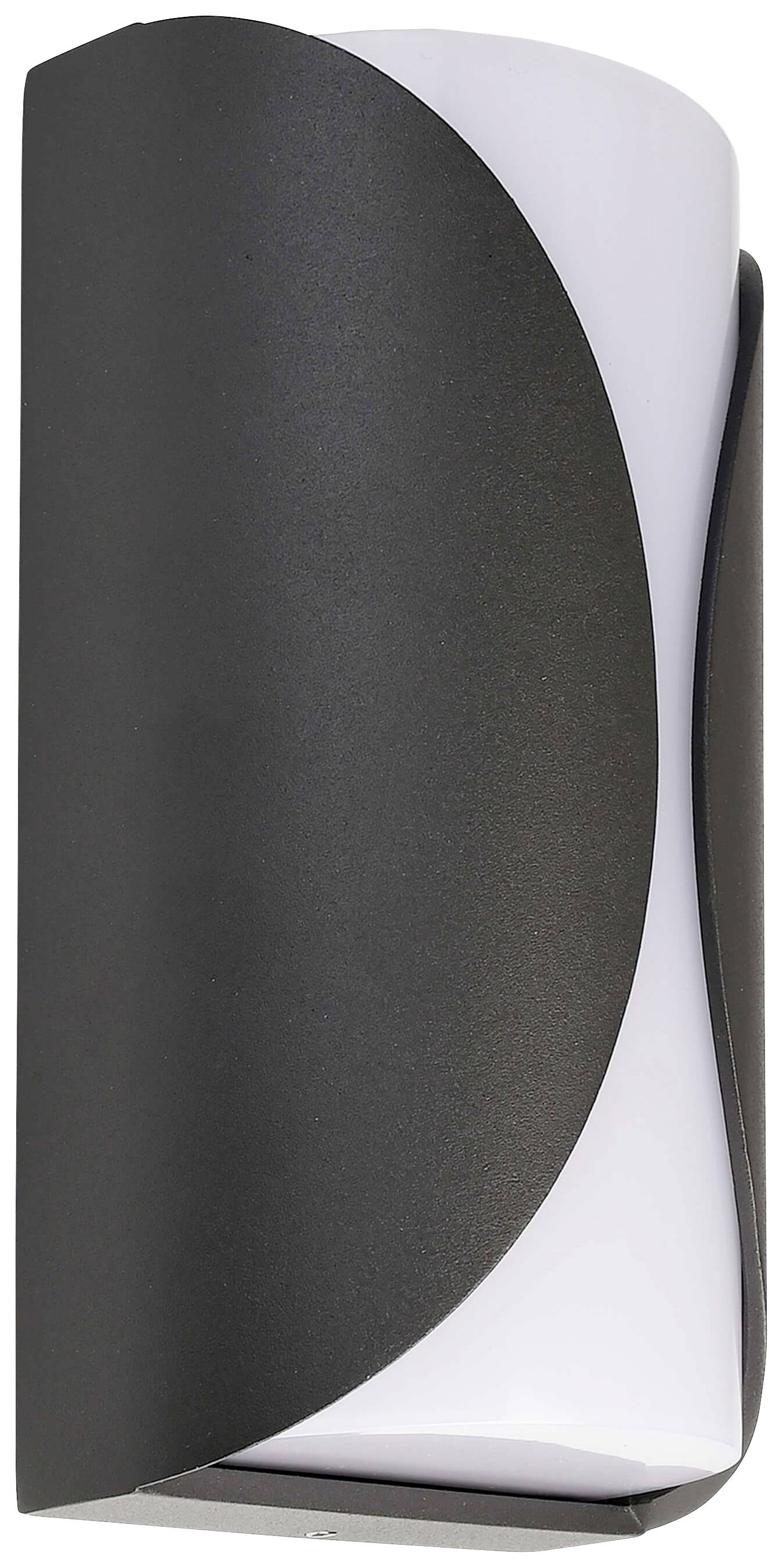 Schwarze Wandlampe mit gebogenem Design und weißem Diffusor, geeignet für moderne Innenräume.