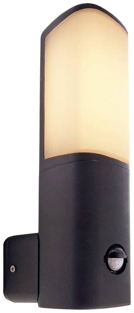 Schwarze, zylinderförmige Außenwandleuchte mit Bewegungsmelder und warmweißem Licht. Ideal für die Beleuchtung von Eingängen.