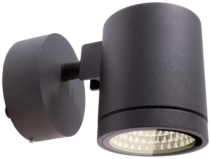 Schwarzer Wandstrahler mit zylindrischem Design und LED-Licht, geeignet für Außenbeleuchtung.
