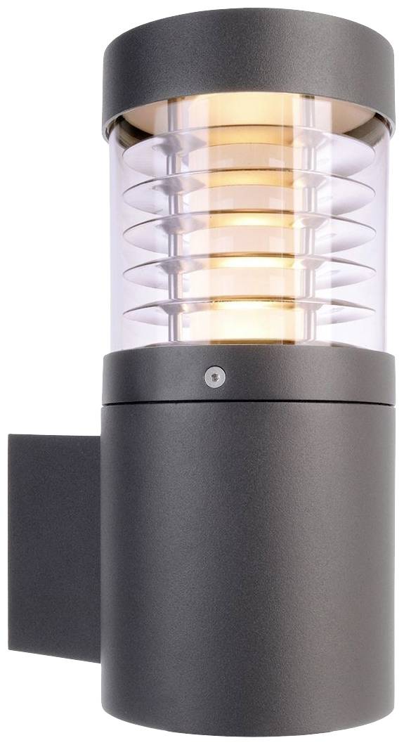 Moderne Außenleuchte aus Metall und Glas, zylindrisch, mit spiralförmiger Glühbirne, wirkt sowohl funktional als auch stilvoll.