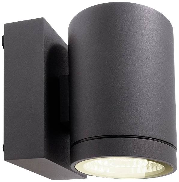 Schwarzer, zylindrischer Wandstrahler für Außenbereiche. Lichtöffnung nach unten gerichtet für gezielte Beleuchtung. Modernes Design.