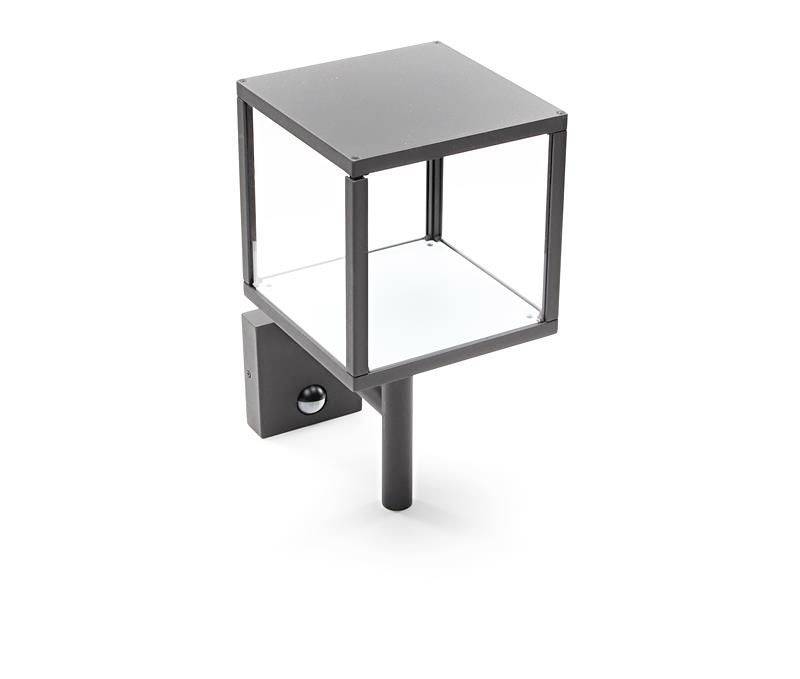 Graue, quadratische Außenwandleuchte mit klarem Glas design, montiert an einer Wandhalterung.