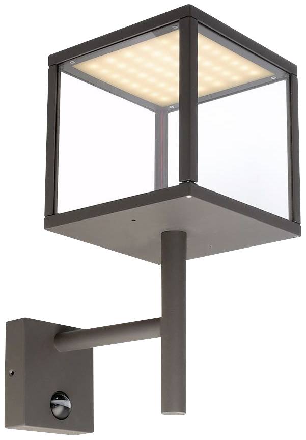Eine moderne Außenwandleuchte mit quadratischem, gläsernem Gehäuse und LED-Leuchtfeld, montiert auf einer geraden Stange.