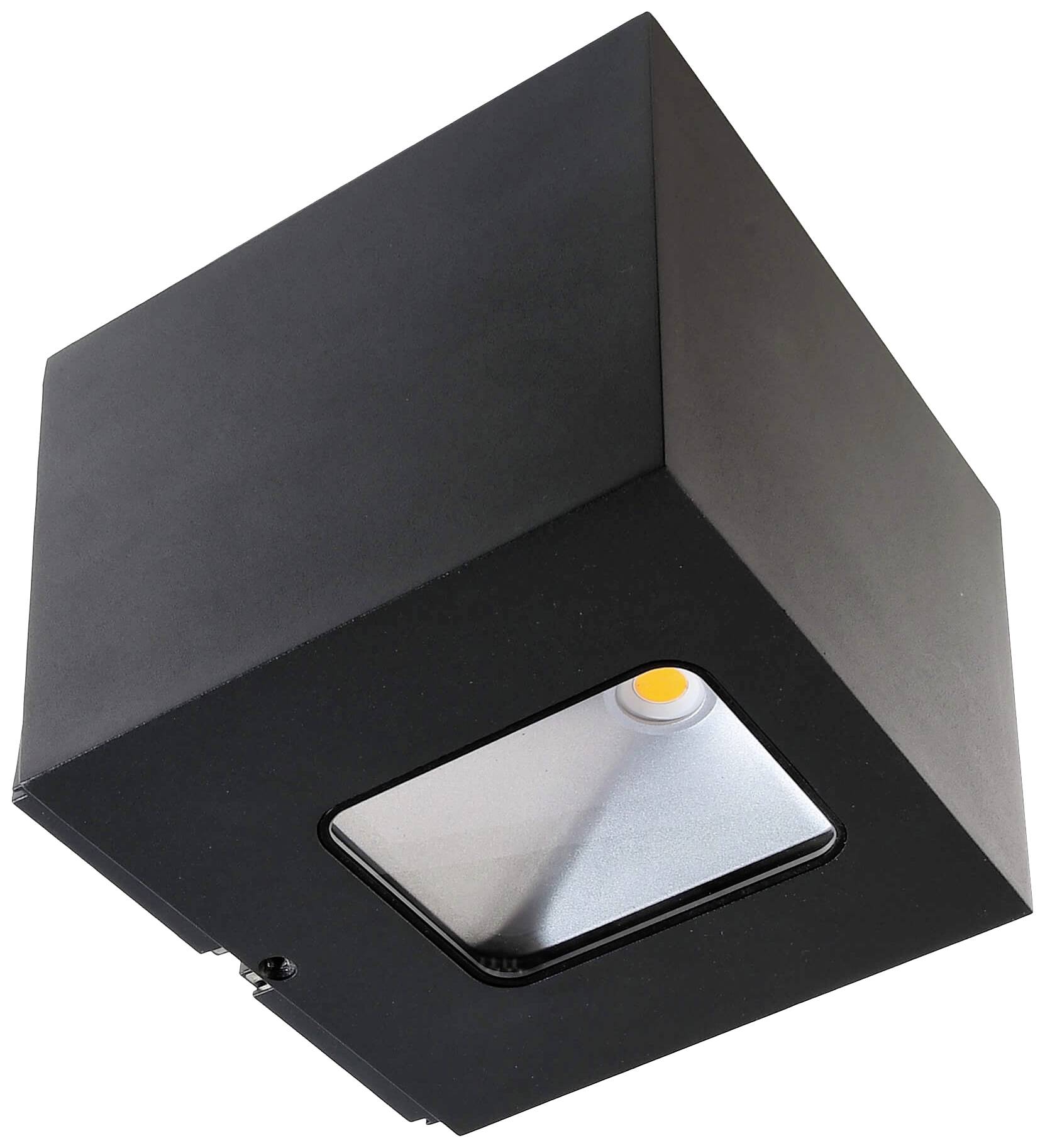 Schwarze, quadratische Deckenlampe mit einer lichtdurchlässigen, rechteckigen Öffnung an der Unterseite. Moderne, minimalistische Gestaltung.
