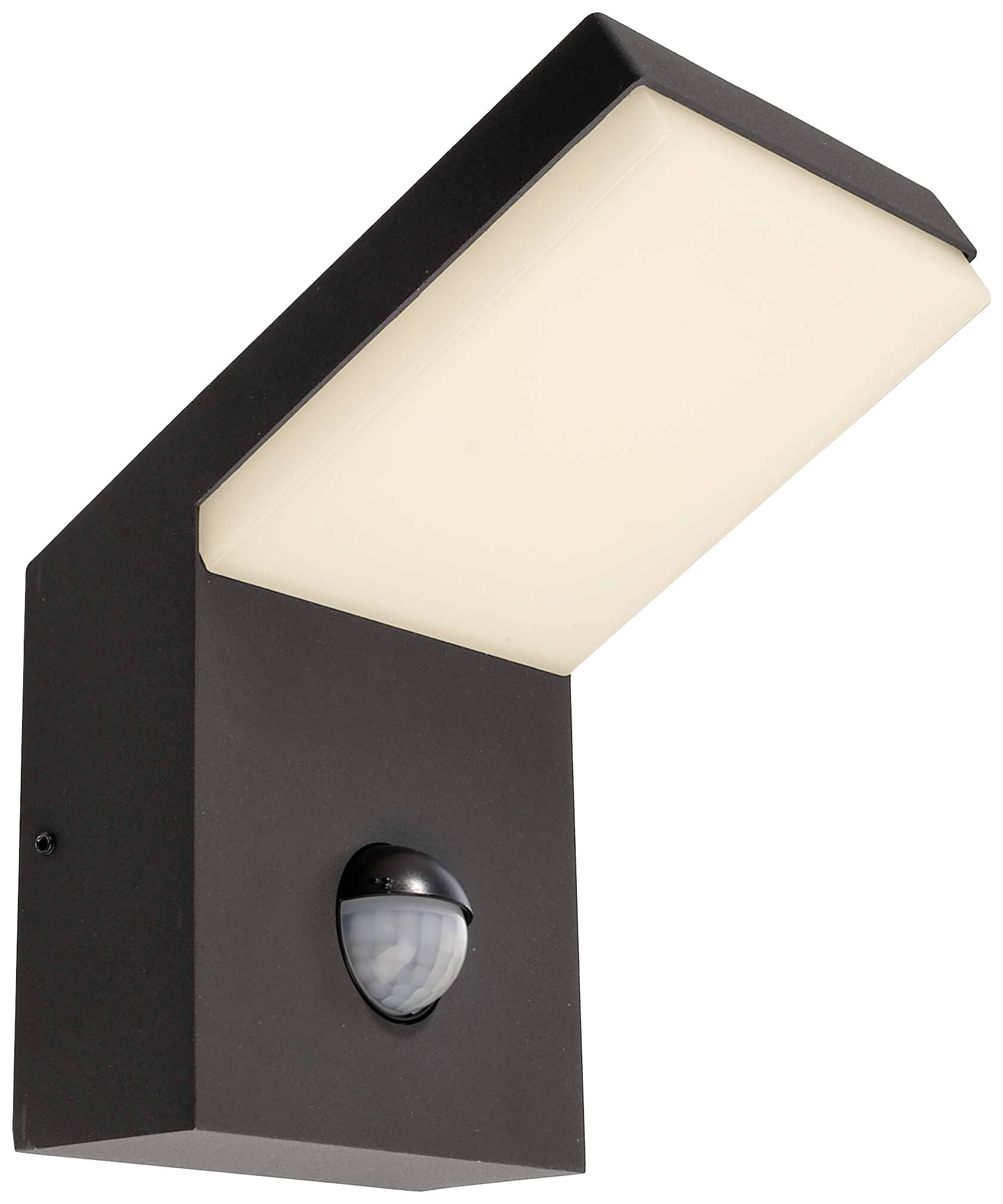 Eine schwarze, moderne Außenwandleuchte mit integriertem Bewegungsmelder und rechteckigem LED-Lichtpaneel.