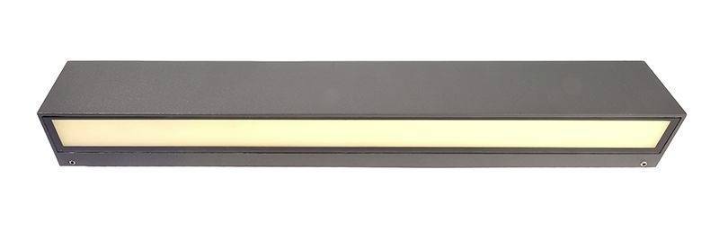 Schwarze längliche Wandleuchte mit leuchtendem, rechteckigem Diffusor, geeignet für moderne Innenräume.