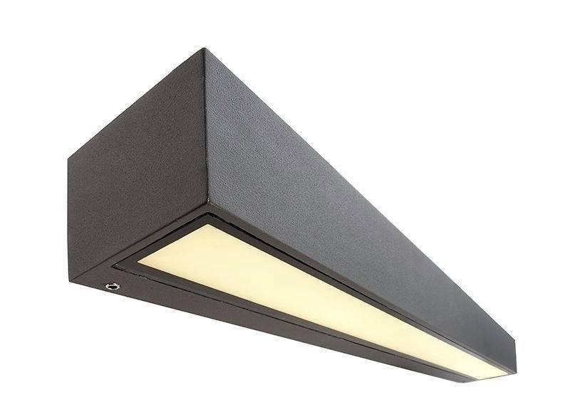 Rechteckige LED-Wandleuchte in Schwarz mit gelblich leuchtendem Bereich, geeignet zur indirekten Beleuchtung in modernen Innenräumen.