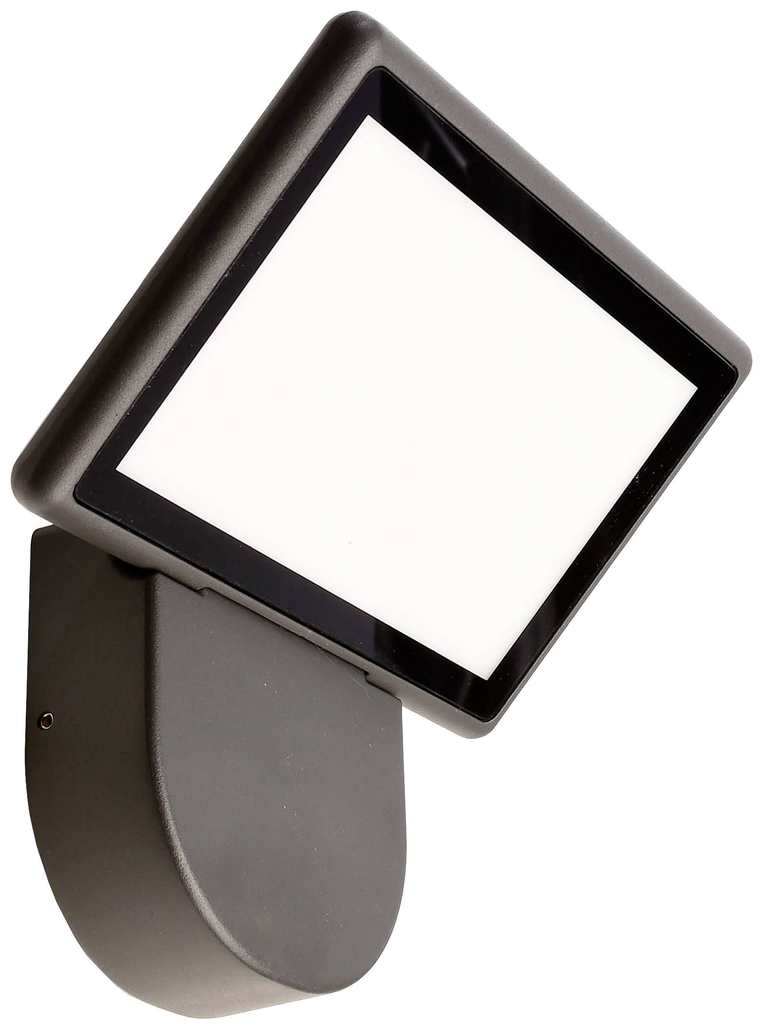 Quadratische LED-Außenleuchte mit schwarzem Gehäuse und weißem Leuchtfeld, an einer Wandhalterung befestigt.