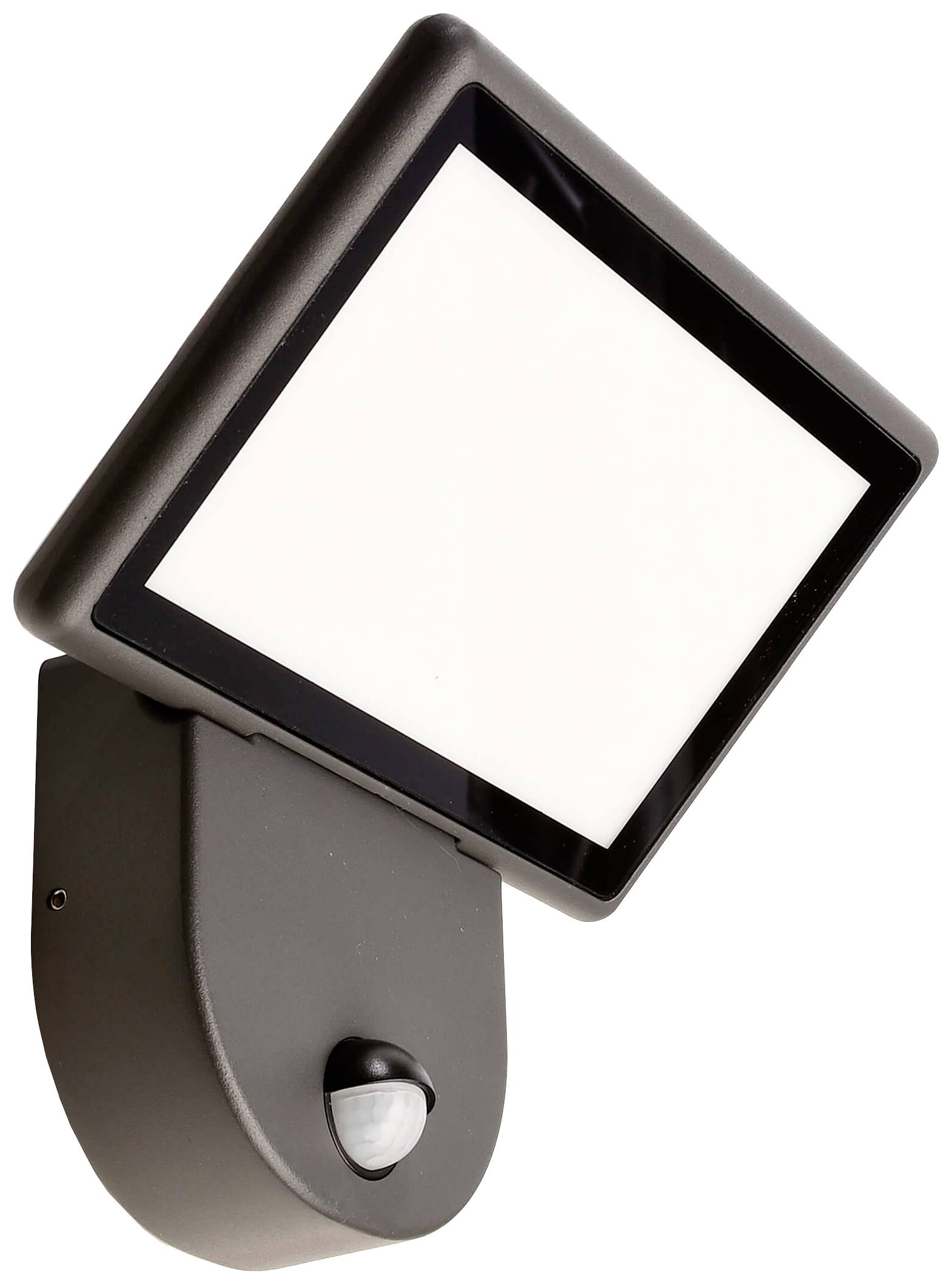Eine quadratische LED-Wandleuchte mit Bewegungssensor in schwarzem Gehäuse, geeignet für Außenbereiche.