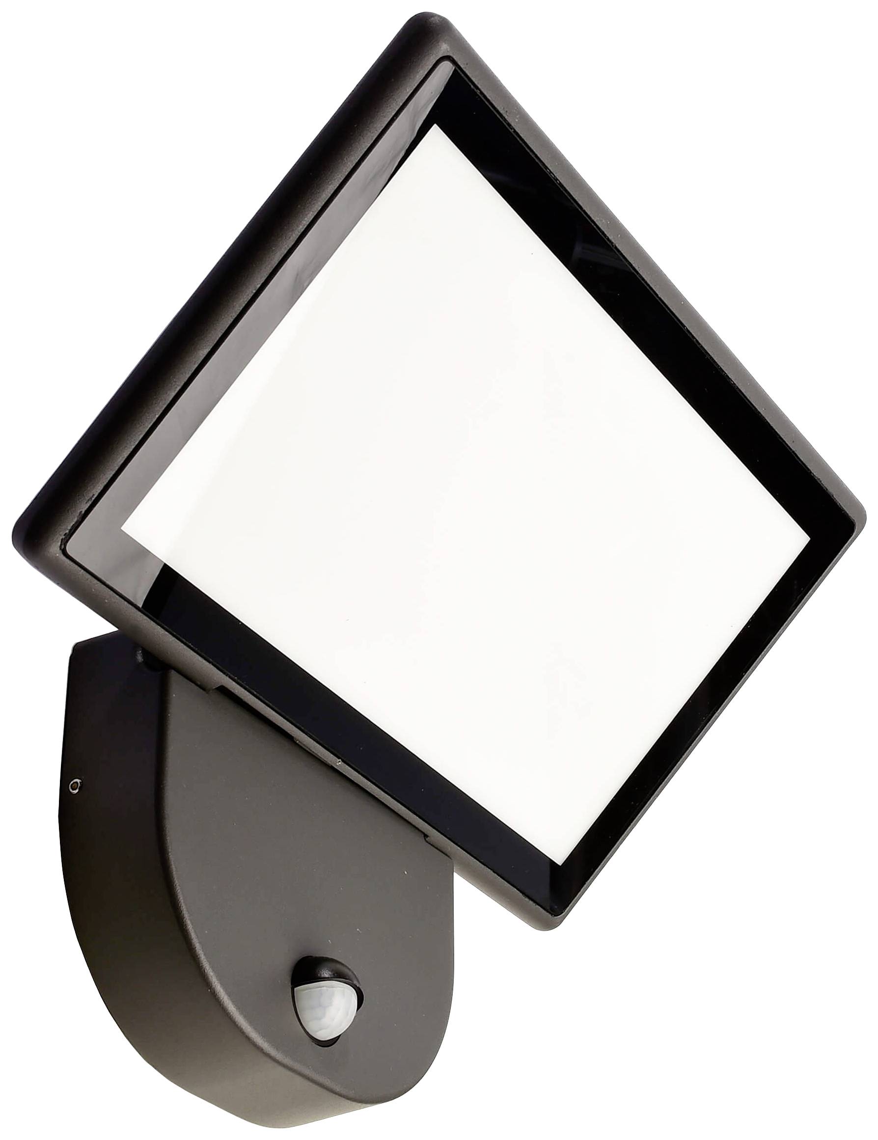 Außenstrahler mit Bewegungssensor, schwarzes Gehäuse, geeignet zur Wandmontage.