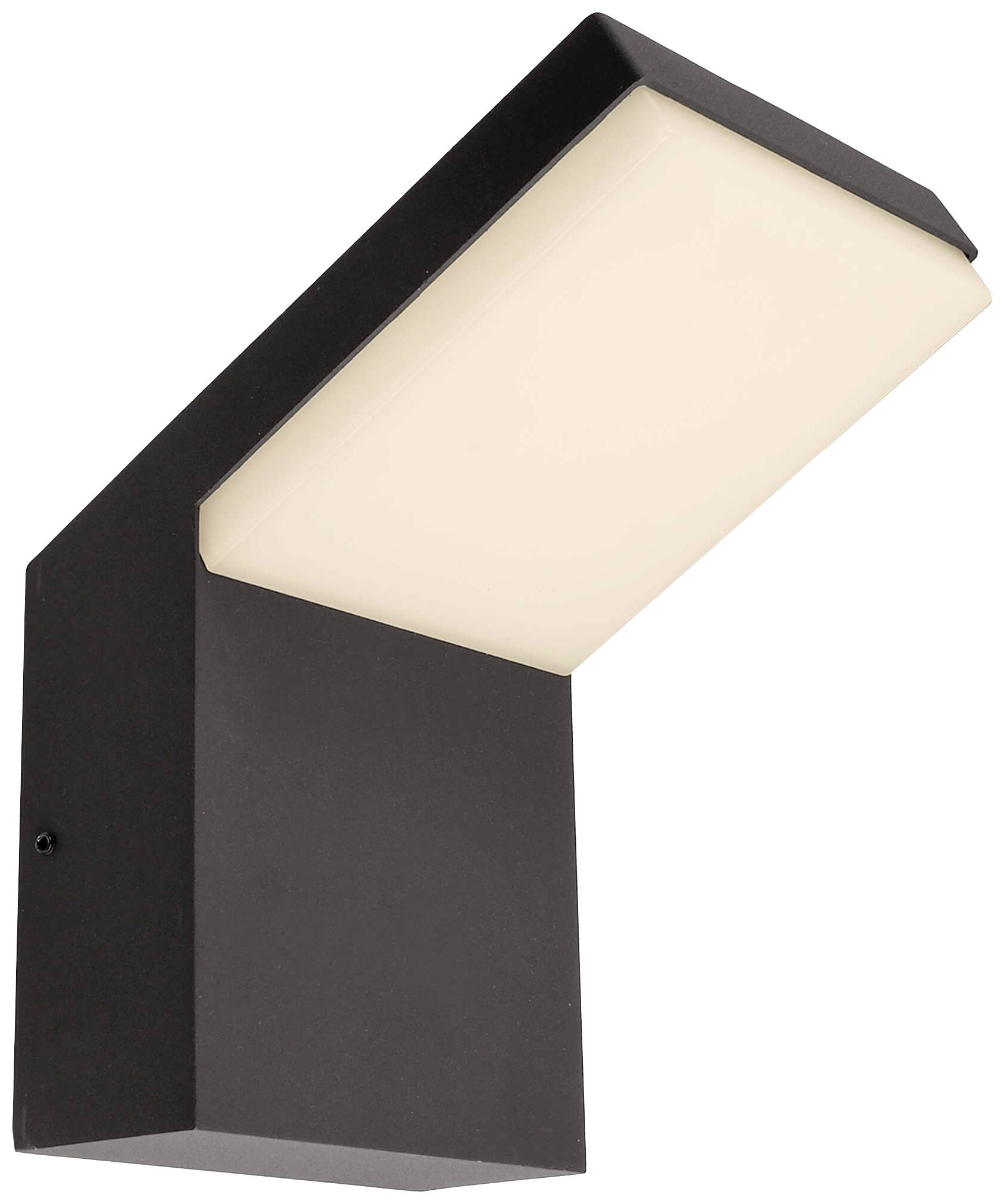 Eine moderne schwarze Wandlampe mit rechteckigem, milchigem Schirm, die nach unten strahlt. Ideal für Außeneinsatz.