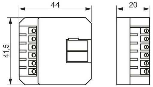 Technische Maßzeichnung eines rechteckigen Geräts mit Klemmenblöcken, zeigt Vorder- und Seitenansichten mit den Bezeichnungen 44, 41,5 und 20.