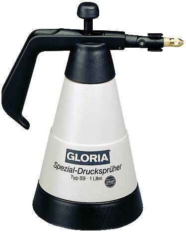 Handdrucksprüher 'GLORIA' Typ 89, 1 Liter. Weißer Kegel mit schwarzem Griff und Messing-Spitze.