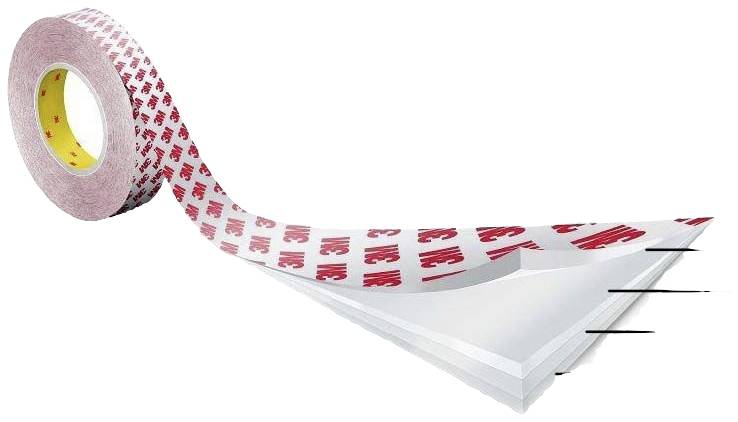 Eine Rolle doppelseitiges Klebeband wird teilweise abgerollt gezeigt.