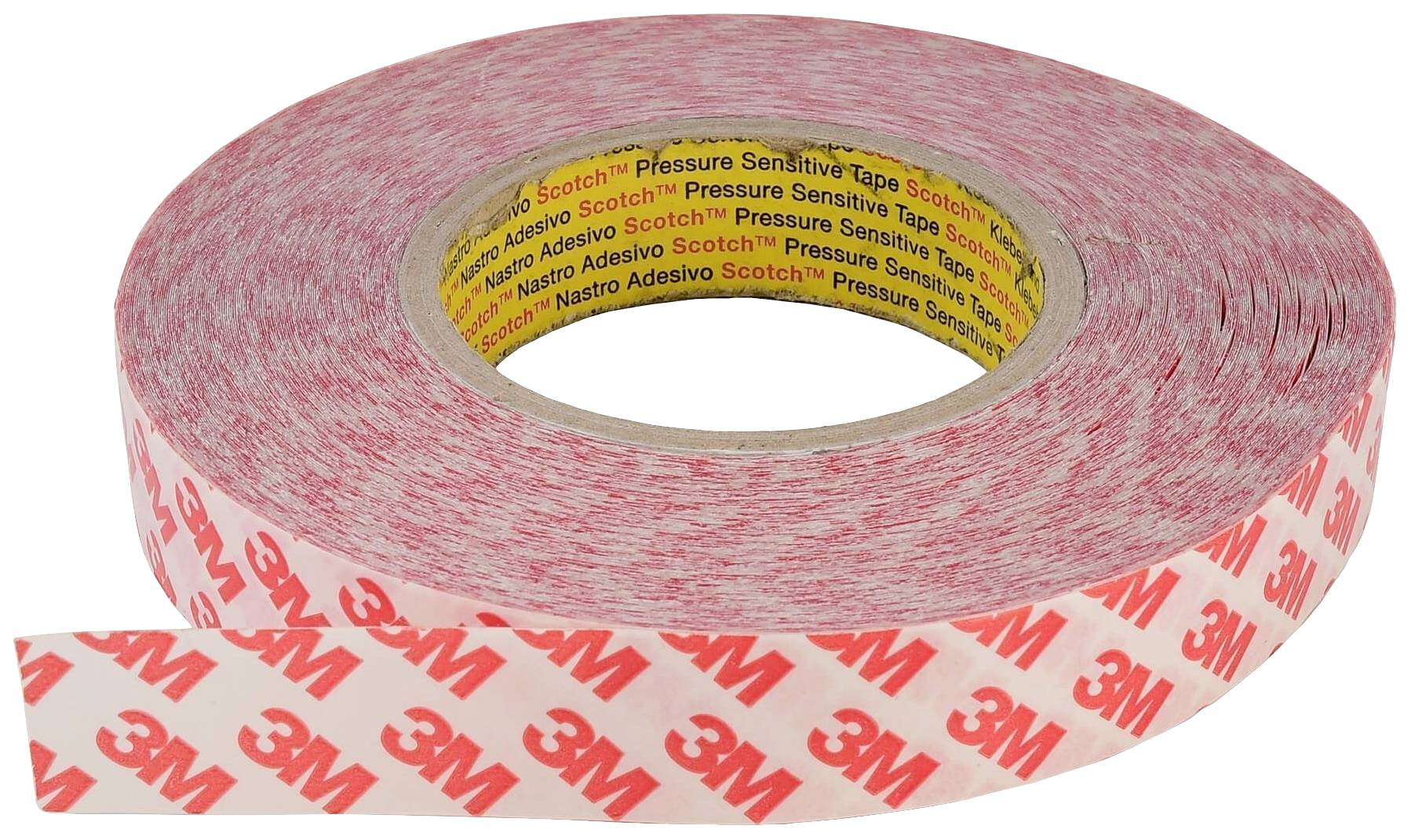 Rolle eines rot-weiß gemusterten Klebebands mit der Marke '3M'. Eignet sich für druckempfindliche Anwendungen.