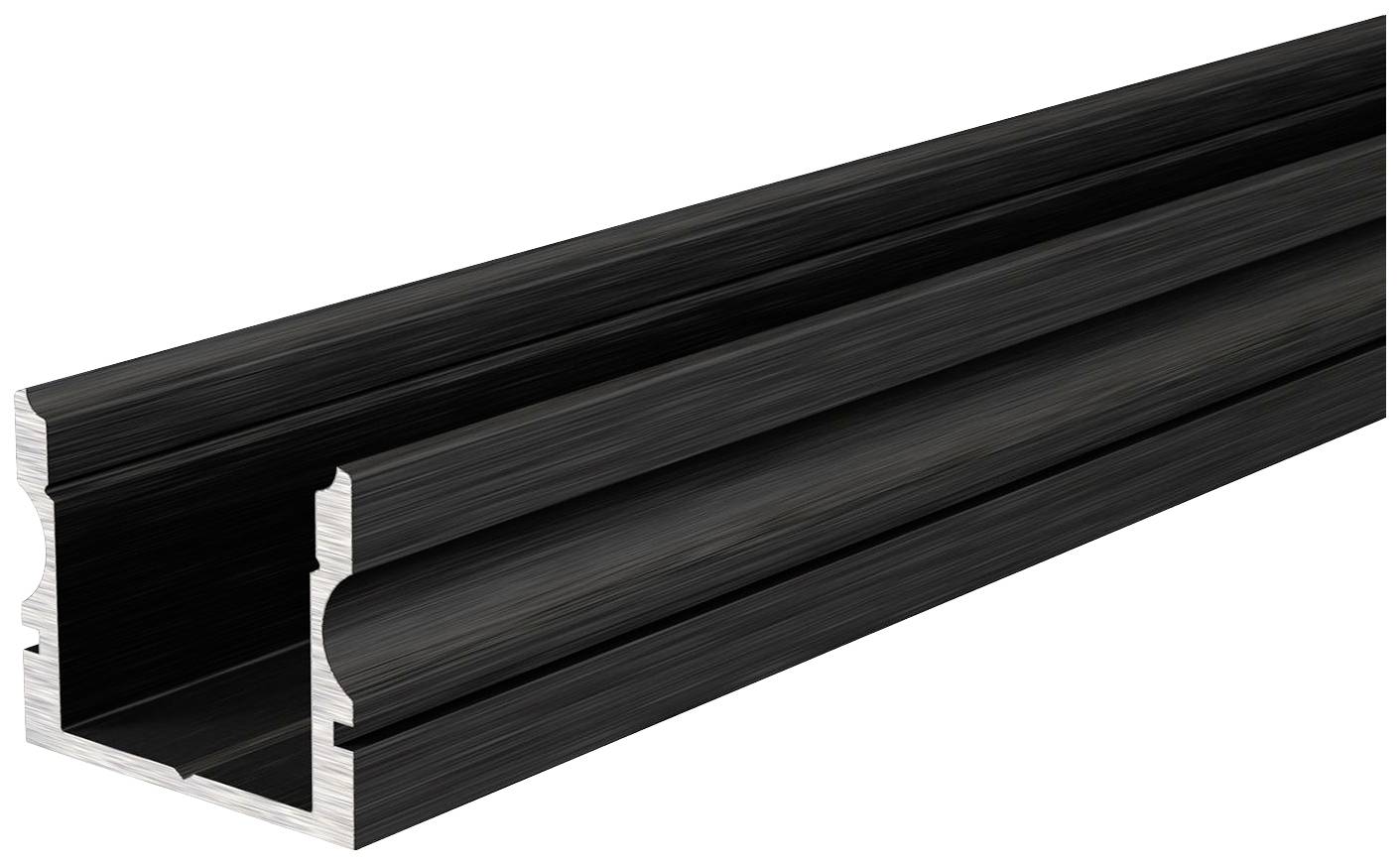 Schwarzes Metallprofil mit U-Form, häufig in Bau- und mechanischen Anwendungen verwendet. Zeigt seitenansicht mit glänzender Oberfläche.