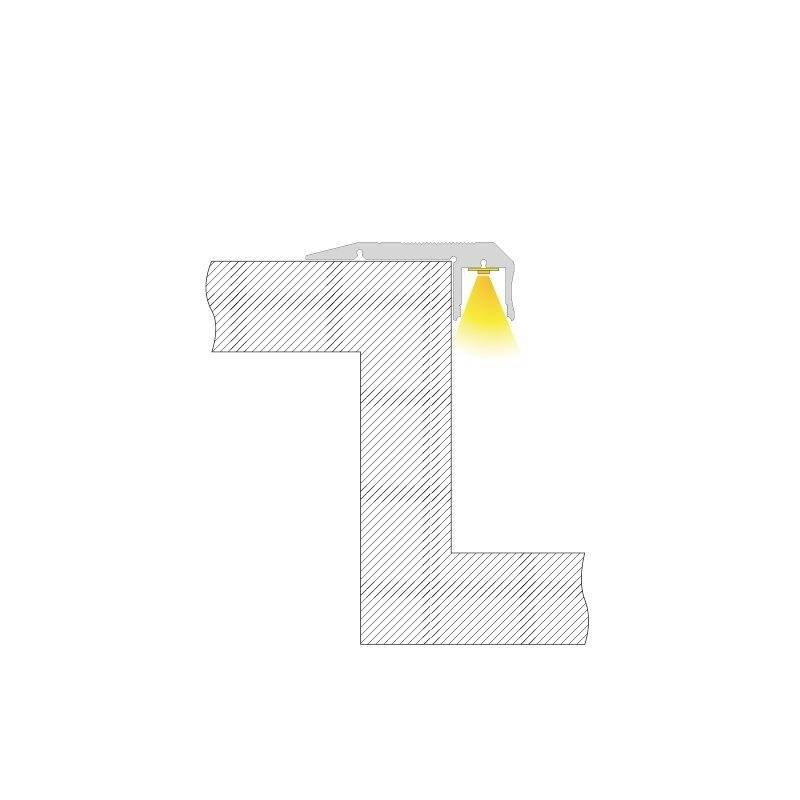 Ein einfaches technisches Diagramm zeigt eine Seitenansicht eines strukturellen Bauteils in L-Form mit einer Lampe, die darunter leuchtet.