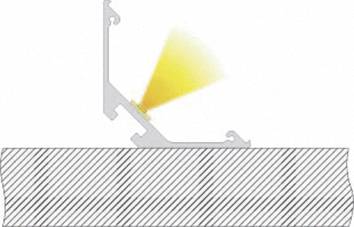 Diagramm zeigt Profilanschnitt mit montierter LED-Leiste, die gelbes Licht nach oben wirft. Profil auf schraffierter Fläche befestigt.