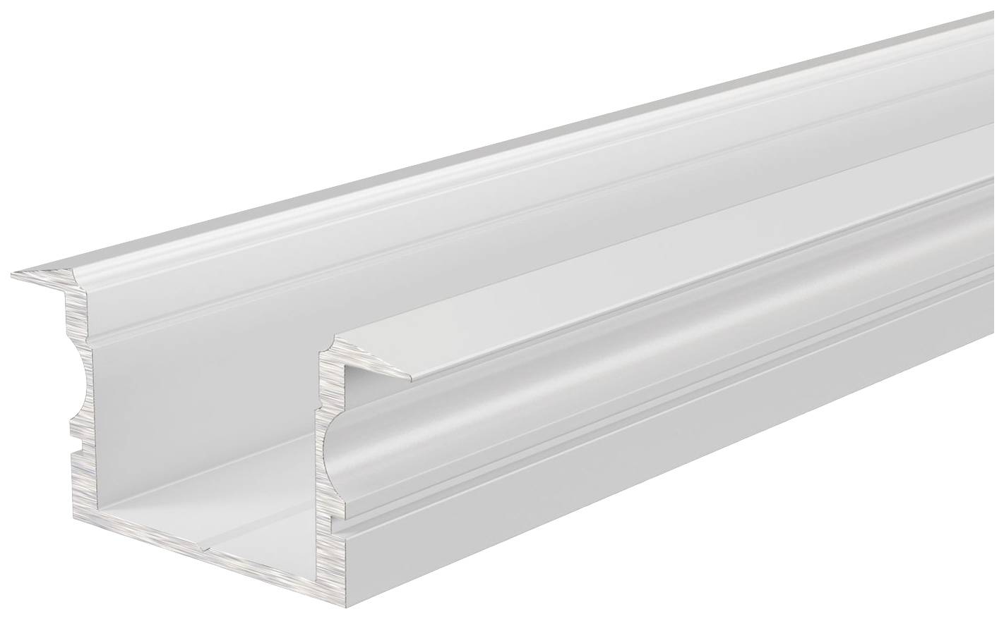 Aluminium-Profil in U-Form. Wird verwendet zur Montage von LED-Streifen. Silberne Farbe mit glatter, reflektierender Oberfläche.