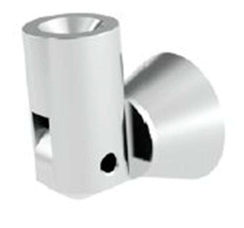 Ein silbernes, zylindrisches Bauteil mit einer Schrauböffnung und einer Konushalterung. Hauptsächlich verwendet zur Wandbefestigung.