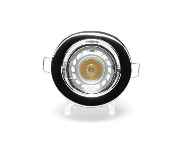 Ein LED-Downlight mit rundem Design und silbernem Gehäuse. Im Zentrum ist die orangefarbene LED-Lichtquelle sichtbar.