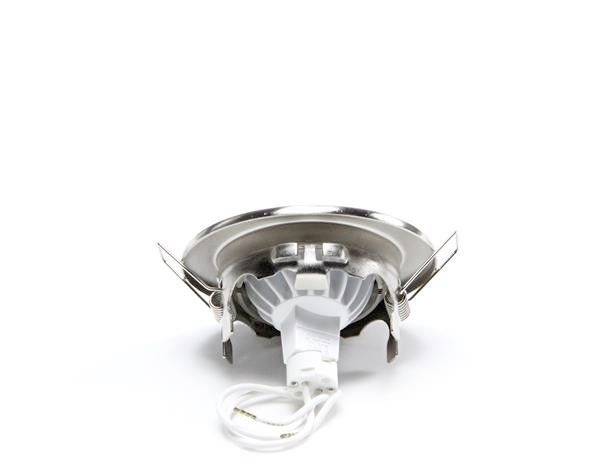 Ein LED-Spotlicht in runder Form, mit Metallrahmen und Kabeln, bereit zur Installation.