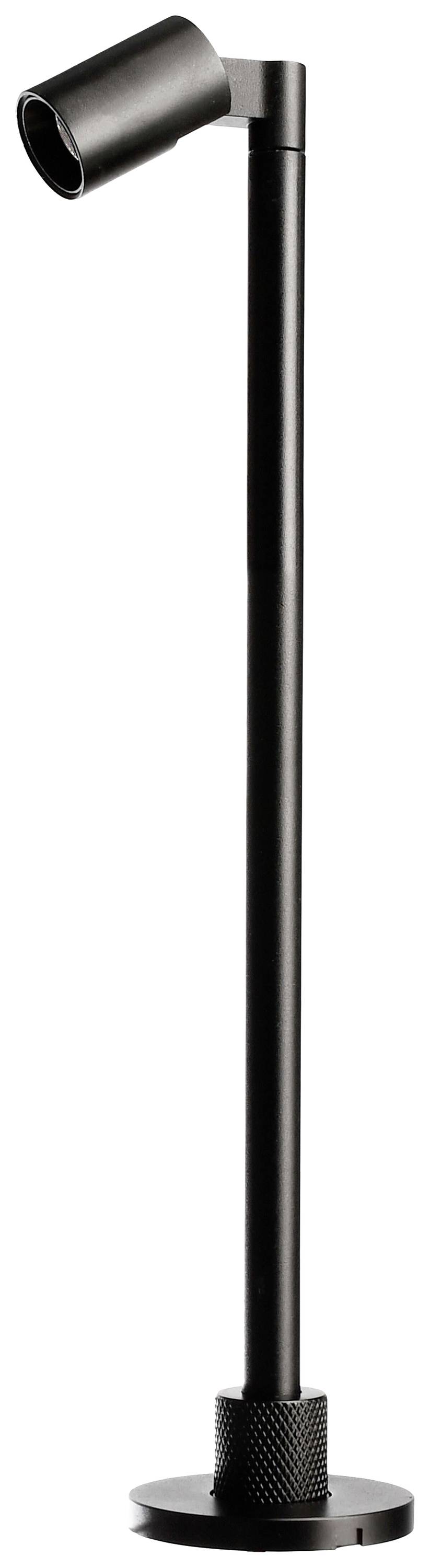 Eine schwarze Standleuchte mit einem schwenkbaren Kopf, geeignet für punktuelle Beleuchtung. Sie hat ein schlankes, modernes Design.