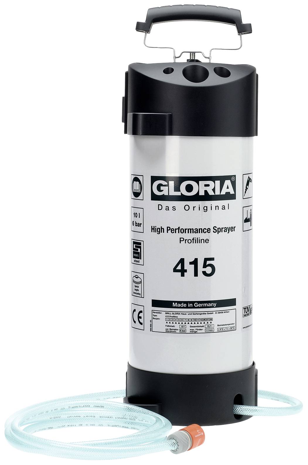 Tragbarer Handsprüher mit Druckanzeige und Schlauch, Modell 'Gloria 415', geeignet für Gartenpflege und professionelle Anwendungen.