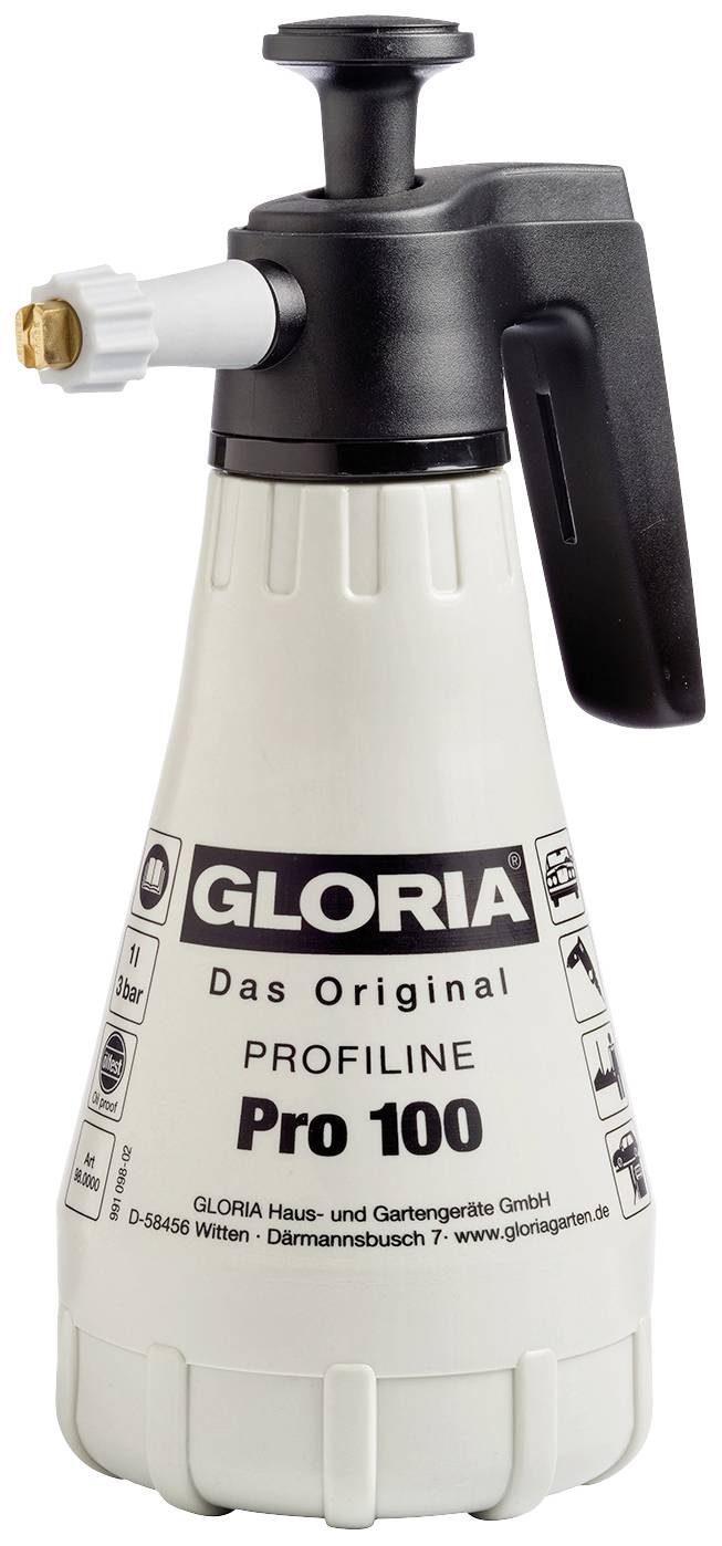 Ein Drucksprühgerät mit der Aufschrift 'GLORIA Das Original PRO 100'. Ausgestattet mit einer Düse und einem schwarzen Griff.