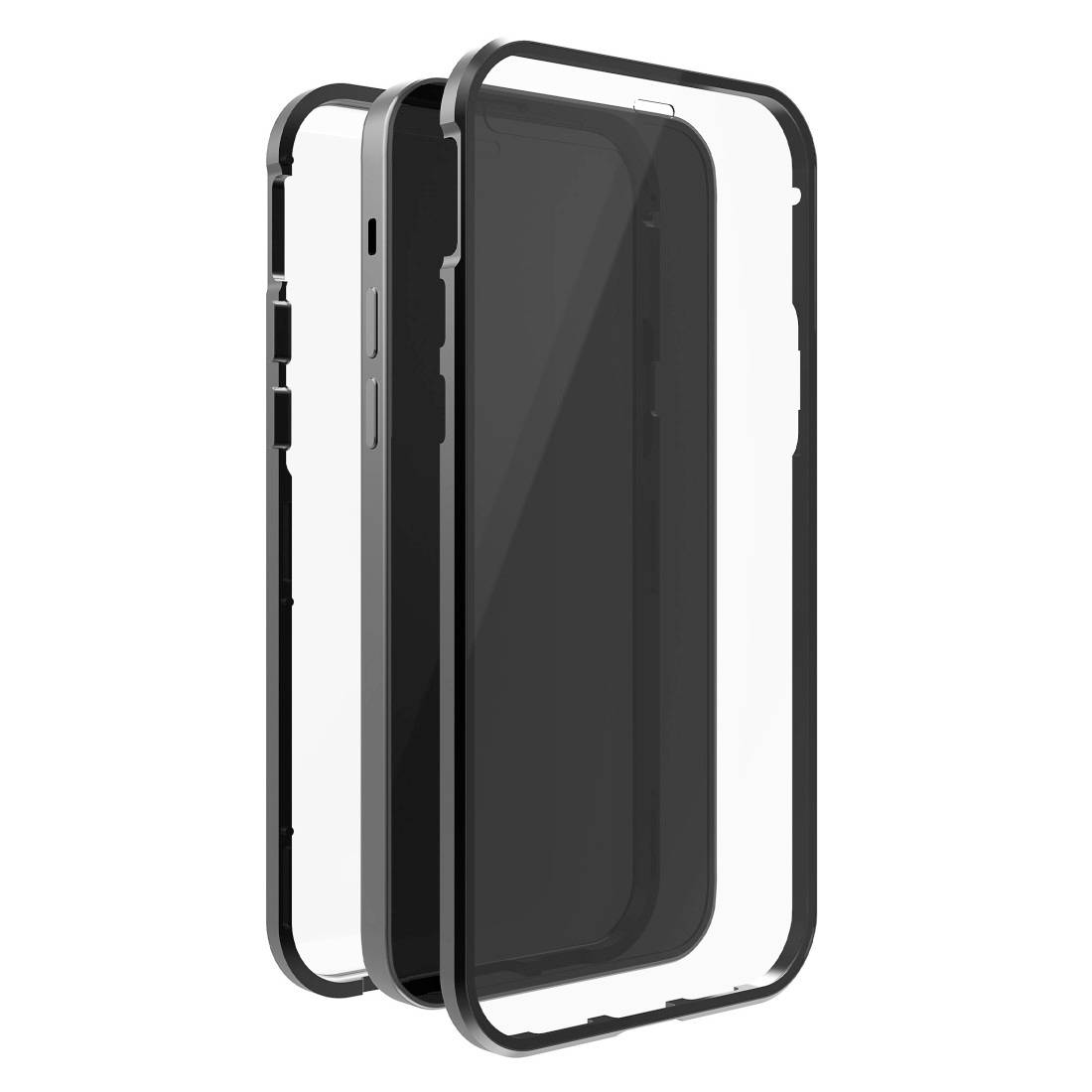 Schutzhülle für Mobiltelefon, bestehend aus zwei transparenten Teilen, die das Gerät umschließen und vor Schäden schützen.