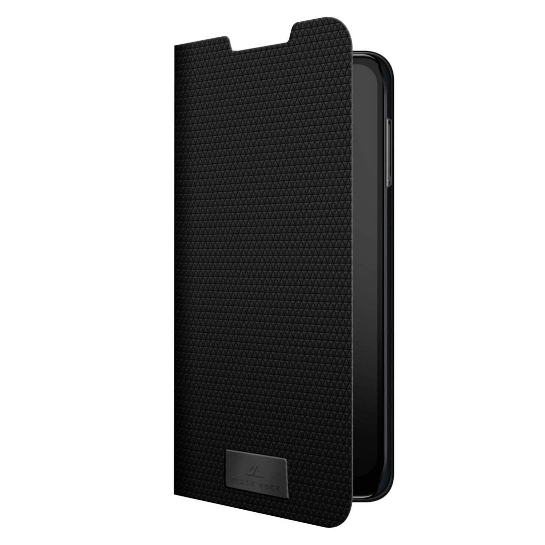 Schwarze, strukturierte Handyhülle mit Klappdesign, teilweise geöffnet, zeigt Seitenansicht eines Smartphones. Geeignet für Schutz und Stil.