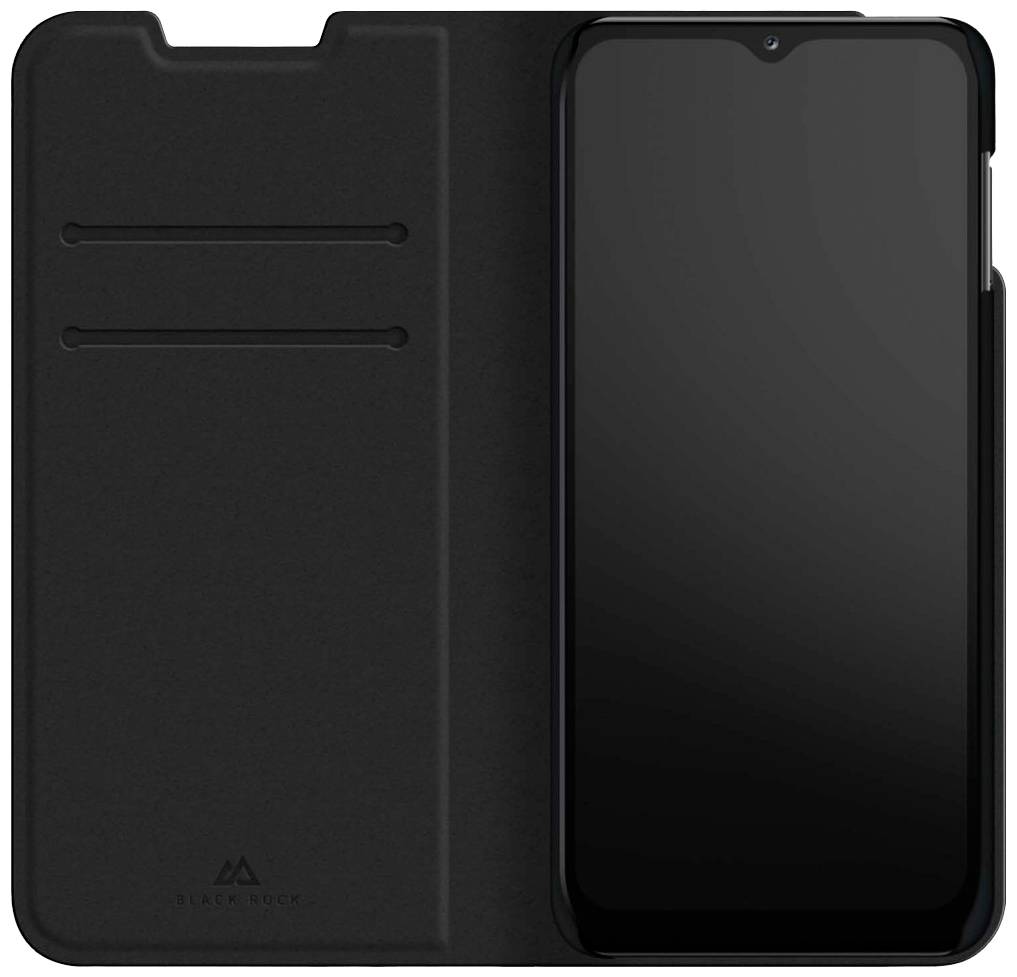 Ein schwarzes Handy in einer aufgeklappten Schutzhülle mit zwei Kartenfächern auf der Innenseite der Hülle.